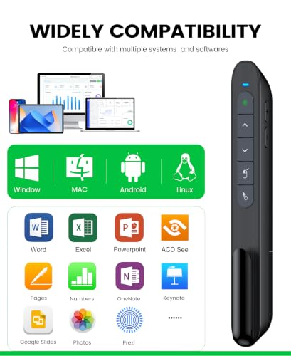 Green Light Wireless Presentation Clicker with Air Mouse, 2.4GHz Rechargeable USB-A/USB-C PowerPoint Clicker Slide Advancer, Presenter for PC, Mac, Computer
