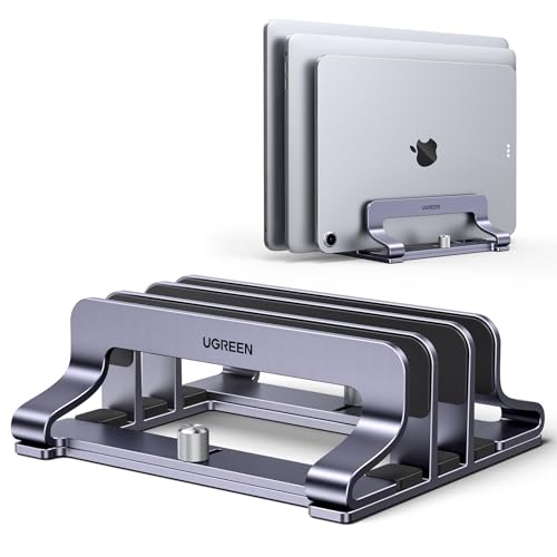 UGREEN 3-Slot Vertical Laptop Stand Holder Desk Compatible with MacBook Pro Air Laptop Stand Desktop Adjustable, Lenovo Ideapad, Surface Book, HP Notebook, Dell Chromebook Up to 17.3 Inch, Space Gray