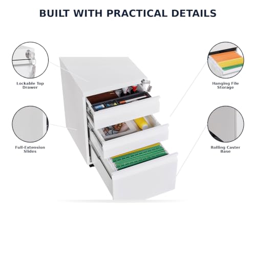 TERRUPEX 3 Drawer File Cabinet with Lock, 5 Wheels, Black Steel (White)