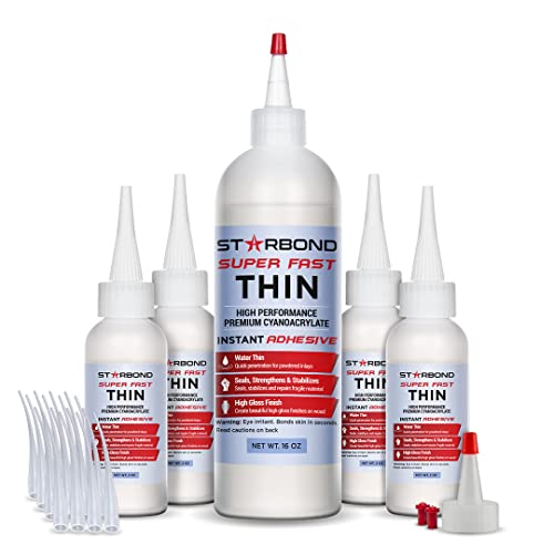Starbond Super Fast Thin CA Glue Complete Refill Kit (16 oz) – Cyanoacrylate Super Glue with Extra Bottles, Caps, Microtips & Yorker Spout for Cracks, Joints, Woodworking, Woodturning & Model Building