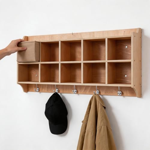 OUTLANE 10 Cubbies Storage Organiser,47" Width Daycare Shelves Shoe Rack with Hooks and Shelf, Wall-Mounted, Heavy-Duty Plywood Daycare Furniture for Children’s Toys and Classrooms