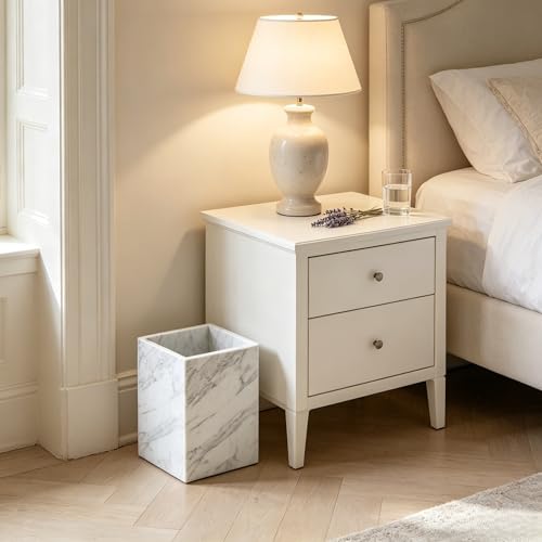 White Marble Wastebasket, Natural Rectangular Trash Can, Luxury Durable Real Stone Storage Basket, Elegant Garbage Container for Bathroom, Home Office, Living Room