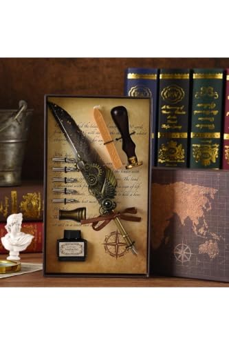 SODEF Premium Ottoman Style Calligraphy Set with Feather Pen, Ink, Wax Seal, and Holder - Personalized Gift - Black
