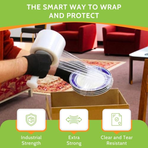 PSBM 18 Rolls 3 Inch x 1000 Feet 50 Gauge Mini Stretch Film/Wrap with Plastic Handle, Industrial Strength Clear Shrink/Plastic Wrap for Moving, Packing, Shipping, Bundling & Storage