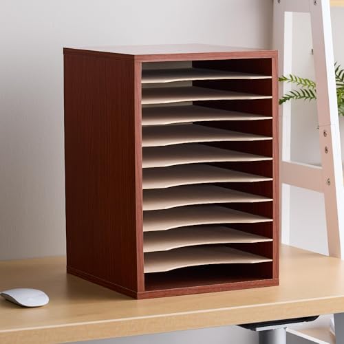 Scranton & Co Vertical Wood Desk Organizer, 16" H x 10.75" W x 12" D, Cherry Brown Laminate Finish, 11 Compartment Document and Literature Sorter, Removable Shelves, Home or Office Use