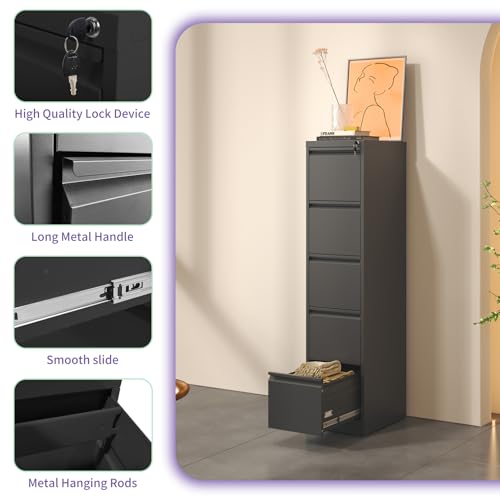 NUPczxg 17.7" Deep 5 Drawer File Cabinet, Metal Vertical Filing Cabinet with Lock, Office Home Steel Printer Stand for A4 Legal/Letter Size, Assembly Required, 5 Drawer Black