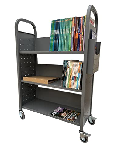 Workington Rolling Book Truck Book Cart with 3 Flat Shelves, Library Book Cart with Swivel Lockable Casters 3001 Gray