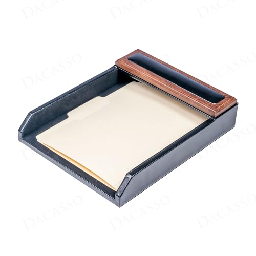 Dacasso Walnut & Black Leather Luxury Letter Tray - Letter Holder & Paper Organization - Executive Desk Surface Protector & Essential Office Decor