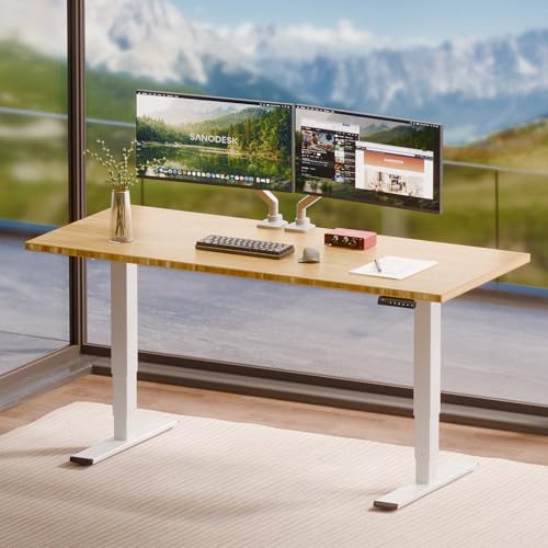 SANODESK Solid Bamboo Dual Motor Standing Desk, 220 lbs, 60×30
