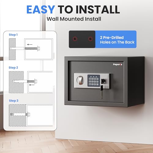 Paporia 0.6 Cubic Feet Safe Box with Digital Keypad Lock & Keys, Home Safe Money Box for Cash, Documents, Medicine & Jewelry, Security Digital Safe in Home, Hotel or Business