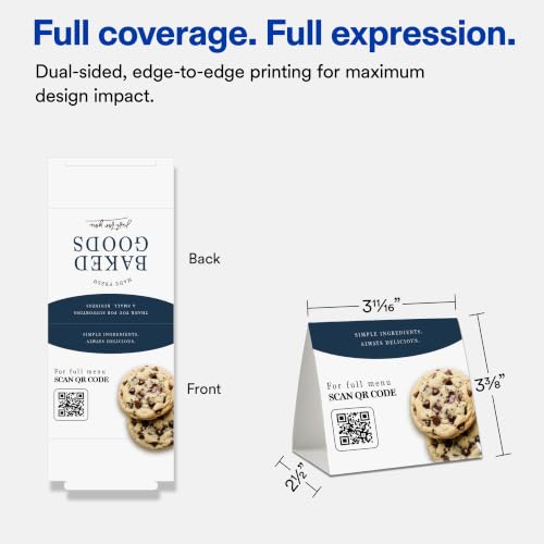 Avery Printable Rectangle Table Tent Cards, 3-3/8" x 3-11/16", Matte White, Sure Feed Technology, Print-To-The-Edge Capability, Laser/Inkjet Compatible, 100 Total, Ideal for Packaging, and Displays