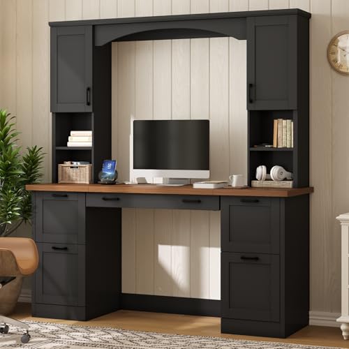 EWUZOSE Arched Computer Desk with Hutch Charging Station and File Drawer (Engineered Wood,Black)