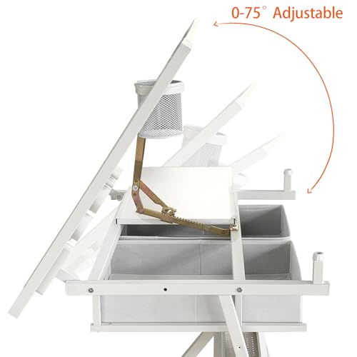 WZONICE98 Adjustable Drafting Table with Stool & 2 Drawers, Height Adjustable Tilting Art Desk, White Drawing Desk with Storage for Home Office, School, Painting, All White
