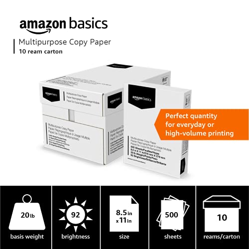 Amazon Basics Multipurpose Copy Printer Paper, 20 lb, 8.5 x 11 Inches, 10 Reams (5,000 Sheets), 92 Bright White