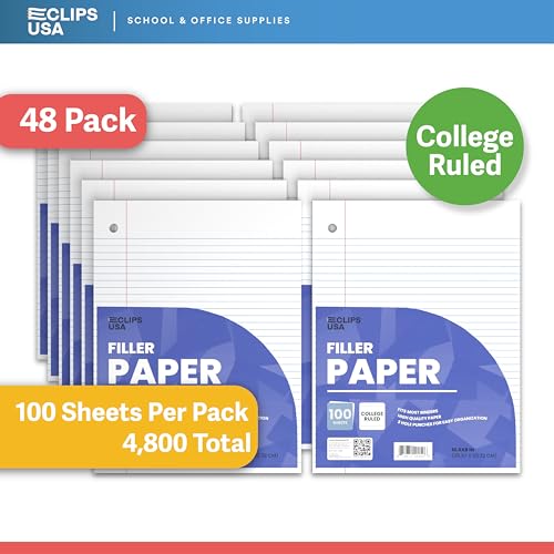 Loose Leaf Paper College Ruled Notebook Paper College Ruled Lined Writing Filler Paper 10.5” x 8” 4800 Sheets 100 Sheets Per Pack 60 gsm (48 Pack)