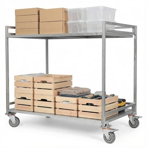 2-Shelf Utility/Service Cart Metal Rolling Storage Cart with Wheels 660lbs Capacity with Handle for Warehouse/Garage/Cleaning/Manufacturing