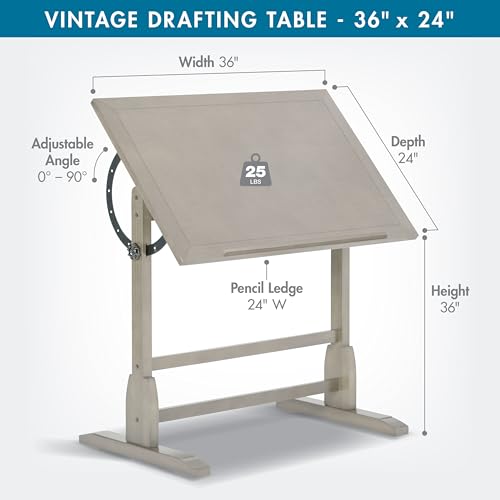 Studio Designs Vintage Drawing/Drafting Table with Pencil Ledge - 36" W x 24" D - Coastal Whitewash - Adjustable Tilting Top