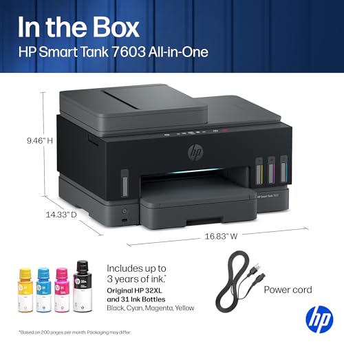 HP Smart Tank 7603 Wireless All-in-One Ink Tank Printer, Scanner, Fax, Copier with up to 3 Years of Ink Included, Best-for-Home Office, Cartridge-Free Refillable, AI-Capable (D34F7A)