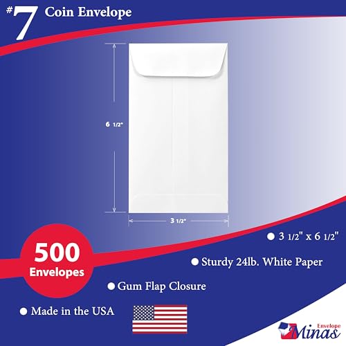500 Minas Envelope Coin/Cash/Small Parts #7 White Envelopes, 3-1/2" X 6-1/2", 24lb, 500/box