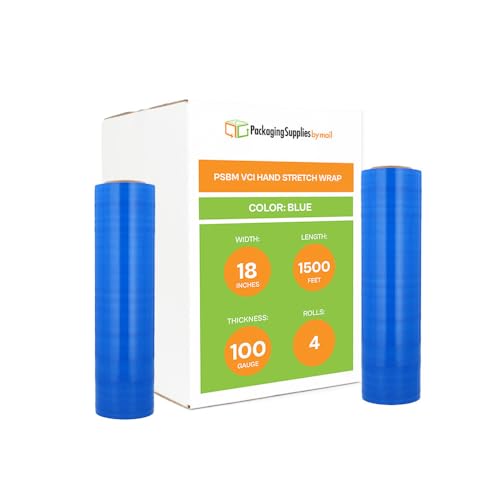 PSBM VCI Stretch Wrap, 4 Pack, 18 Inch x 1500 Feet, 100 Gauge, Aqua Plastic Cling, Hand Shrink Film with Volatile Corrosion Inhibitor Technology