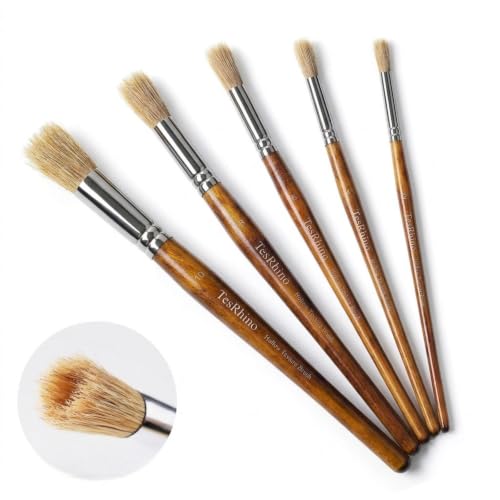TesRhino 5Pcs Hollow Natural Hog Bristle Flat Texture Paint Brush Set