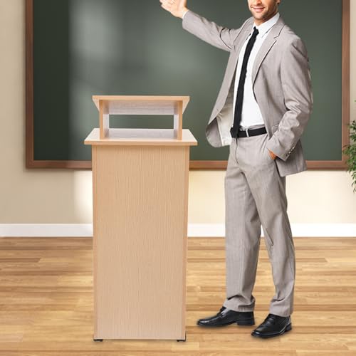 Rolling Podium Stand with Wheels Farmhouse Wood Presentation Standing Portable Lectern Speaking Podium Stand with Storage Shelf and Slant Desktop for Church Office School Classroom Home (Oak Color)