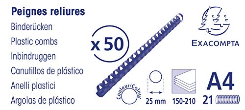 Exacompta - Ref 75701E - Binding Combs - 25mm Thick, 21 Rings, Suitable for A4 Documents, Holds Approx. 150-210 Sheets, Made from PVC Material - Black (Pack of 50)