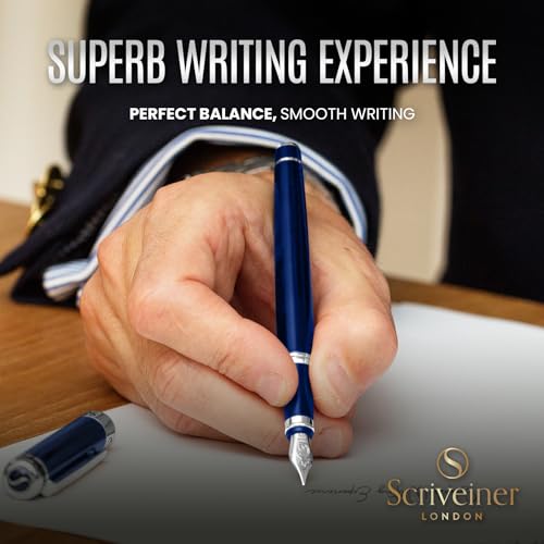 Scriveiner Midnight Blue Fountain Pen - Stunning Luxury Pen with Chrome Appointments, Schmidt Nib (Fine), Best Pen Gift Set for Men & Women, Professional, Executive, Office, Nice Pens