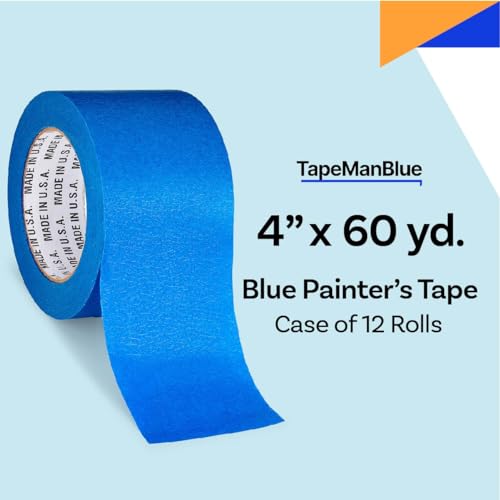Blue Painters Tape 4 inch x 60 Yards - Case of 12 Rolls, Made in America, Clean Removal, UV-Resistant Blue Painters Masking Tape in Bulk (4" x 180')
