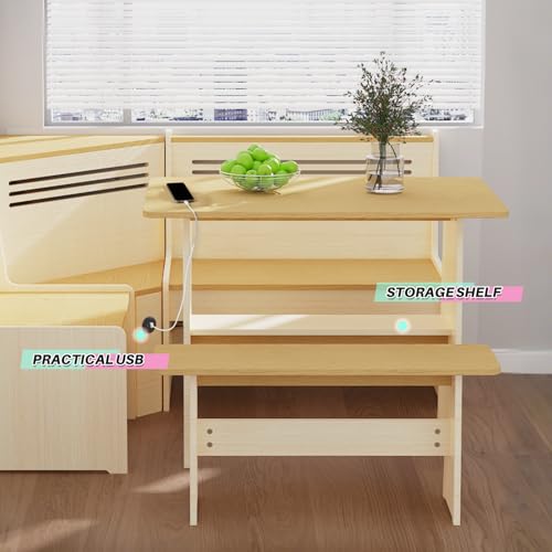 KYLE & KAY Breakfast Nook, Kitchen Nook Corner Table Set with USB, Bench and Storage Shelf, Dining Room Table and Chairs for 4-6, Solid Wood (White and Natural)
