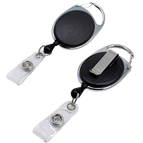 Bulk 100 Pack - Premium Oval Badge Reel with Carabiner & Belt Clip - Dual Clip Retractable ID Holder with Vinyl Strap to Attach Access Key Card, Keychain or Name Tag by Specialist ID (Black)