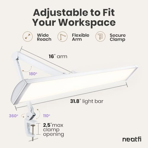 Neatfi Pro LED Task Lamp with Clamp | CRI 95 | 50W | 684 LED Beads | 4,500 Lumens | Touch CCT Dimming | 3000K-6500K | Desk Light for Reading, Crafting & Home Office Use (White-8, 31.8-Inch Wide Shade)