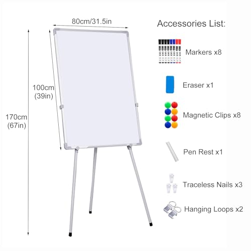 TRUNXUCL Dry Erase Board Double Sided, Standing Whiteboard, Magnetic White Board with Stand, Tripod Height Adjustable(White,80x100cm/31.5x39in)