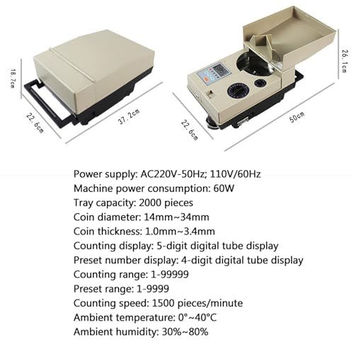 JYXYXSCP 60W Coin Counter Sorter,1500pcs/min High Speed Coin Sorting Machine,Coin Diameter 14mm~34mm,Counting Range 1-99999,for Most Coins