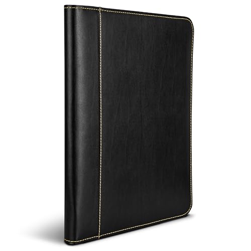 Samsill Contrast Stitch Leather Zippered Portfolio Folder/Business Portfolio for Men and Women, Resume/Document Organizer with Writing Pad, Black (71720)