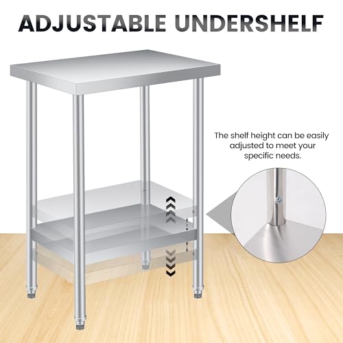 Stainless Steel Prep Table 24 x 12 inch, Heavy Duty Commercial Kitchen Table with Storage Shelf, Food Prep Worktable for Outdoor Use, Rust-Resistant & Easy to Clean, for Restaurants, Hotels, Workshops