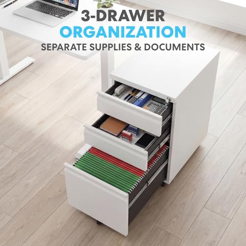 Simpli-Magic 3 Drawer Mobile File Cabinet with Lock Under Desk Metal Filing Cabinet for Home Office Organizer Fully Assembled Letter Legal A4 White