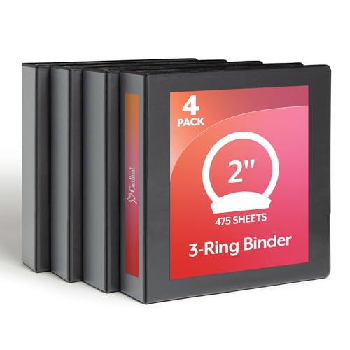 Cardinal Economy 3 Ring Binder, 2 Inch, Presentation View, Black, Holds 475 Sheets, Nonstick, PVC Free, 4 Pack of Binders (79522)