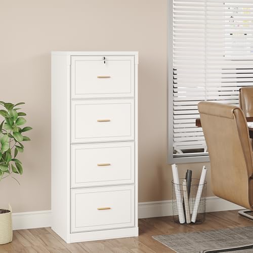 LITTLE TREE 4-Drawer File Cabinet with Lock, Large Vertical Storage Cabinet, Secure Space-Saver for Home Office, Compatible with A4/F4/Letter/Files, Filing Cabinets for Home Office (White, MDF)