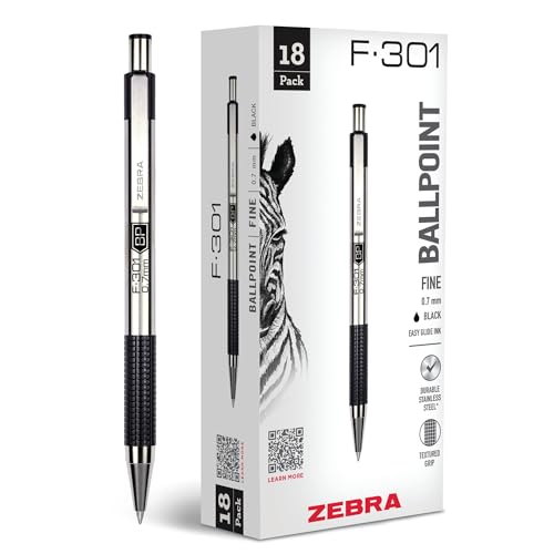 Zebra Pen STEEL F-301 Retractable Ballpoint Pen, Black Ink, 0.7mm, 18-Pack