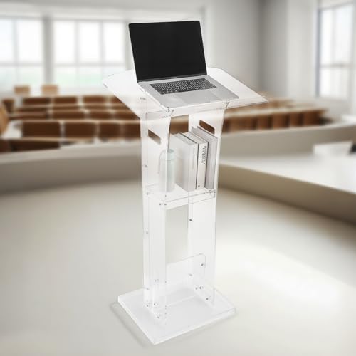 VEVOR Podium Stand, 43-Inch Acrylic Lectern, Portable Laptop Desk with Wide Reading Surface and Storage Shelf, Book Stopper, Floor-Standing, for Classroom, Wedding, Conference, Lecture and Concert