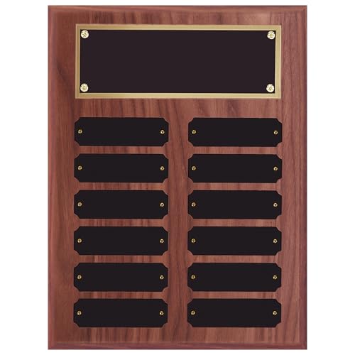 SHOP AWARDS AND GIFTS 9 x 12 Inch Perpetual Plaque Award Multiple Name Plate Board for Employee Appreciation, Recognition, Achievement, Walnut Finish with Black and Gold Header, 12 Name Plates