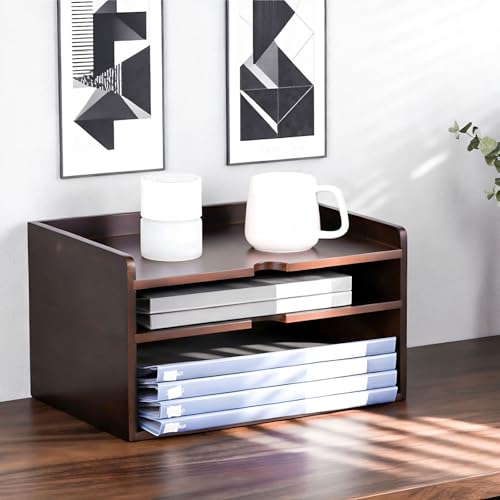 Display Storage Shelves Desktop Four-Tier Bookshelf Wooden Retro Filing Storage Rack for Office Home Freestanding