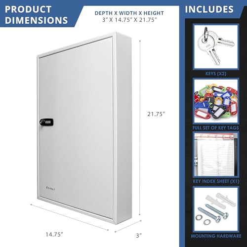 Barska 100 Position Combination Key Lock Box – Wall Mount Steel Key Cabinet with Adjustable Numbered Hooks, Index Log, Colored Tags for Office or Business- Key box wall mount - Key locker - Storage