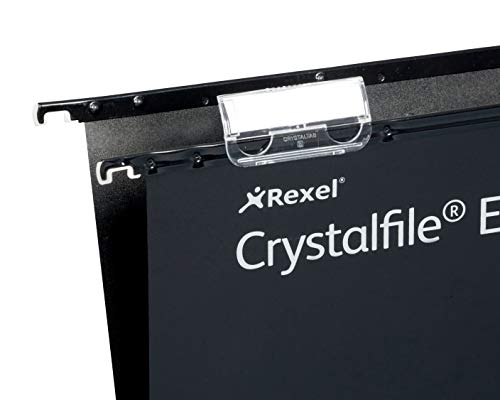 Rexel Foolscap Heavy Duty Suspension Files with Tabs and Inserts for Filing Cabinets, 15 mm Base, Polypropylene, Black, Crystalfile Extra, Pack of 25, 3000080