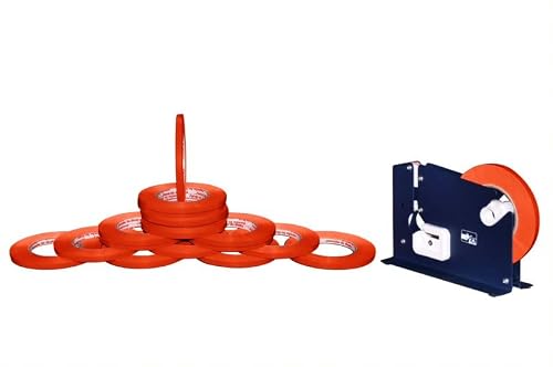 PSBM Red Poly Bag Sealing Tape with Dispenser, 6 Rolls, 2.3 Mil Thick, 3/8 Inch Wide, 180 Yards Per Roll, Total 1080 Yards, Colored Sealer Tapes for Wrapping, Packaging & Sealing Food Products