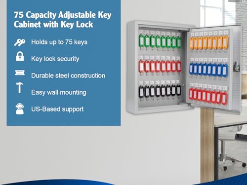 winbest 75 Position Key Lock Box – Hook-Style Cabinet with Numbered Hooks, Key Tags, Log Sheet, Labeled Shelves, Wall Mount, 0.8mm Solid Steel – Secure Key Organizer Storage