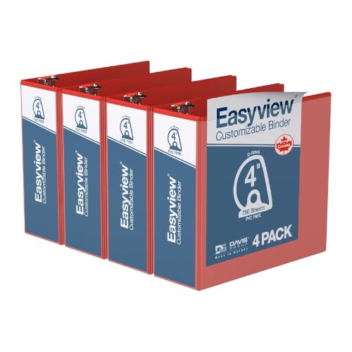 Easyview 3-Ring Binder, Clear-View Cover, 4" D Rings, Red, 4 Pack