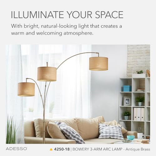 Adesso 3-Light Floor Lamp, Antique Brass & Natural, 4-Way, 82”