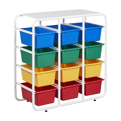 ECR4Kids 4-Tier Storage Rack with 12 Cubby Bins 4x3, Multipurpose Organization, Primary